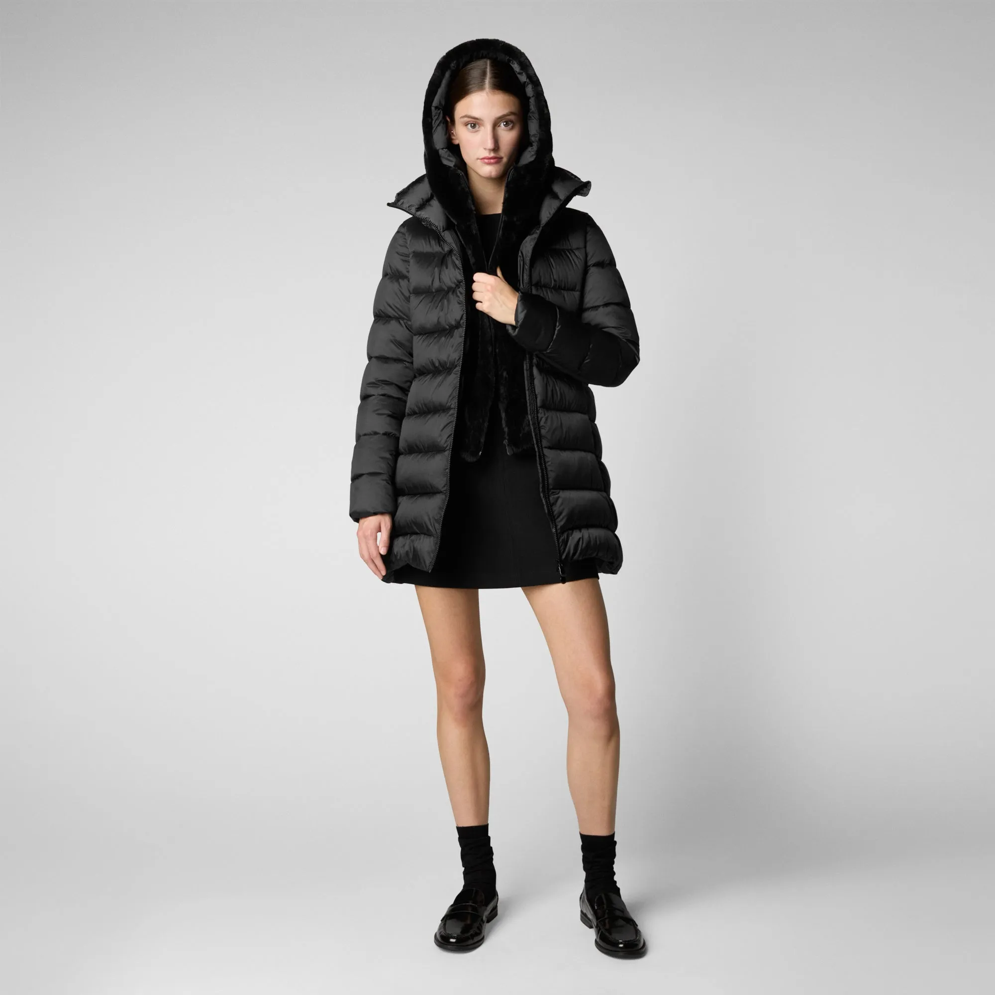 Women's Hooded Animal free Puffer Coat Matilda with Faux Fur in Black