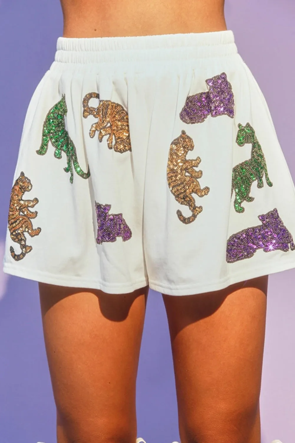 Women's Mardi Gras Sequin Pattern Puff Sleeve Tee and Shorts Set