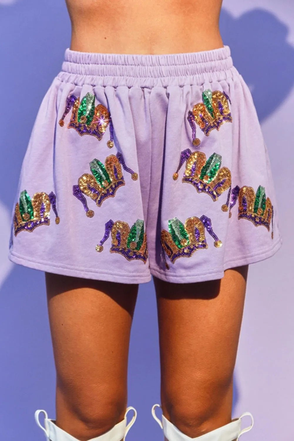 Women's Mardi Gras Sequin Pattern Puff Sleeve Tee and Shorts Set