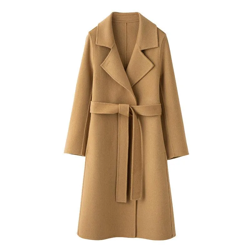 Women's Mid-length Belt Wool Reversible Woolen Coat