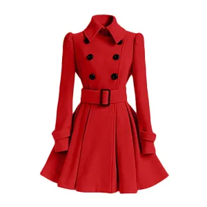 Women‘s Overcoat Elegant Thick Mid Length Warm A-line Loose Hem Tight Waist Woolen Coat with Belt Trench Coat for Women