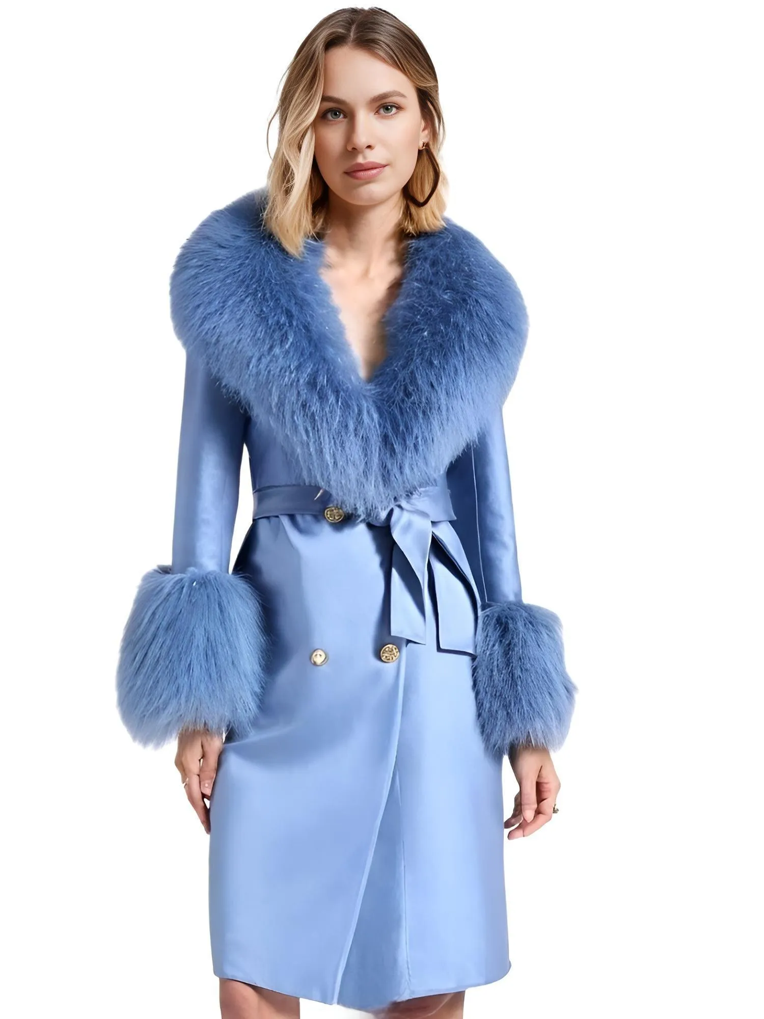 Women's Wool Cashmere Coat With Real Mongolian Sheep Fur Collar and Cuffs Ladies Double Faced Coats Belted Winter Fall Long Coat