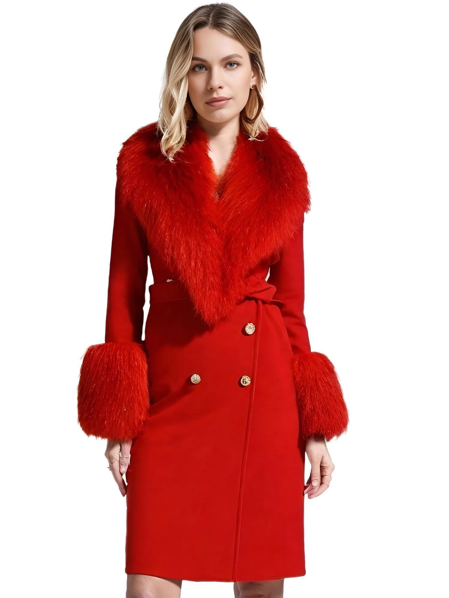 Women's Wool Cashmere Coat With Real Mongolian Sheep Fur Collar and Cuffs Ladies Double Faced Coats Belted Winter Fall Long Coat