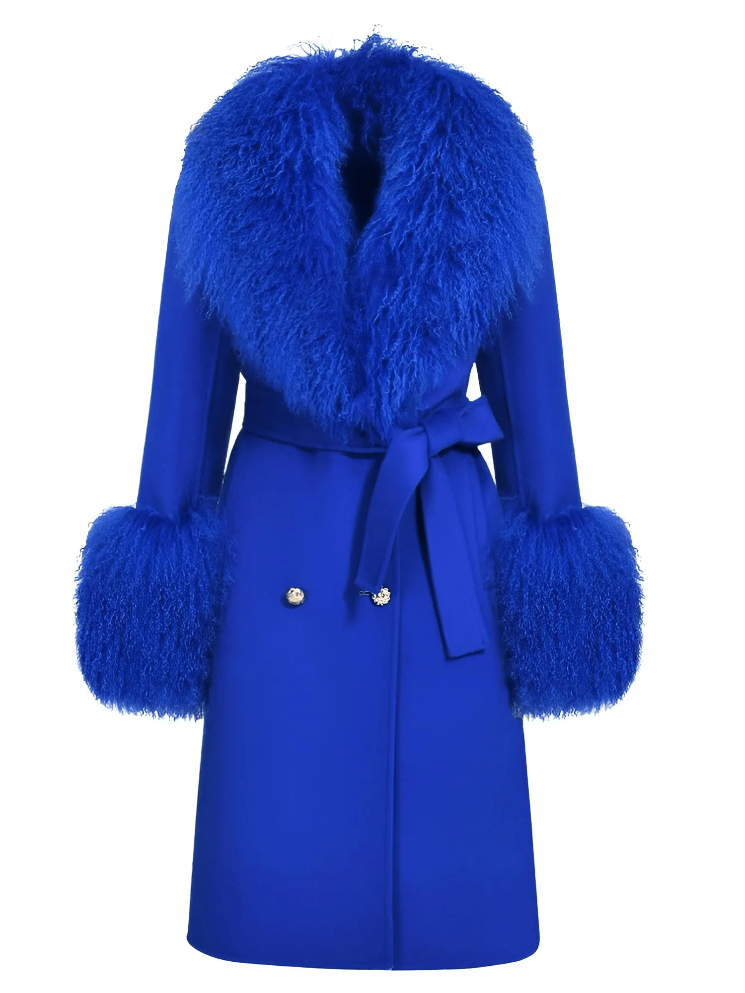 Women's Wool Cashmere Coat With Real Mongolian Sheep Fur Collar and Cuffs Ladies Double Faced Coats Belted Winter Fall Long Coat