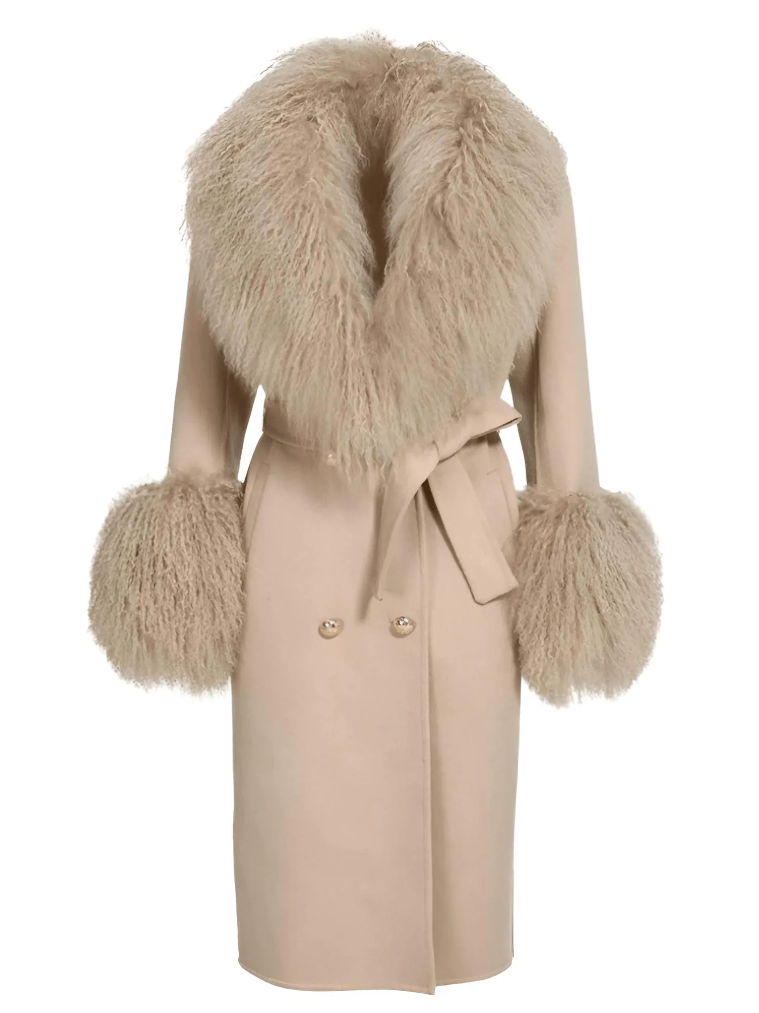 Women's Wool Cashmere Coat With Real Mongolian Sheep Fur Collar and Cuffs Ladies Double Faced Coats Belted Winter Fall Long Coat