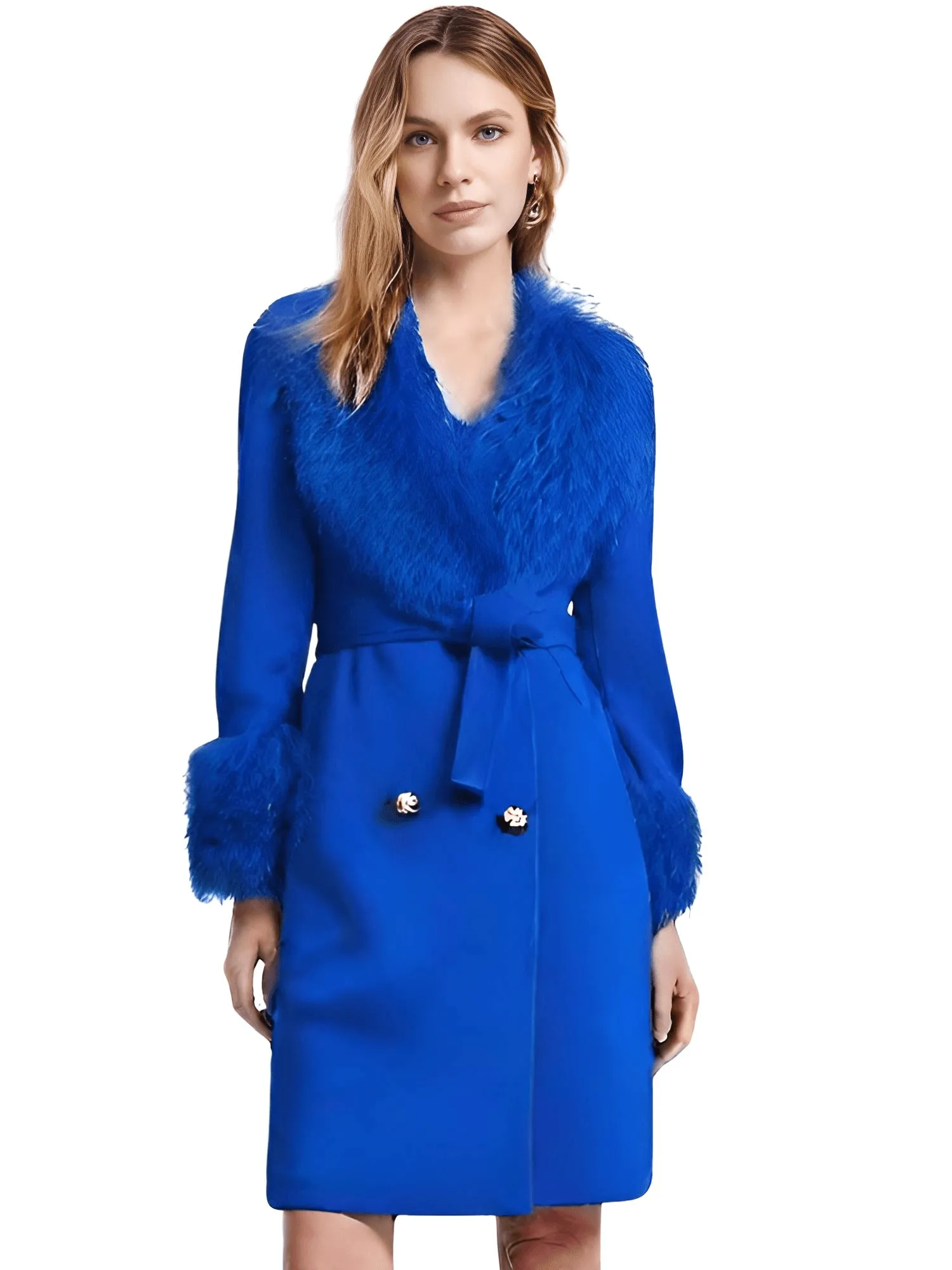 Women's Wool Cashmere Coat With Real Mongolian Sheep Fur Collar and Cuffs Ladies Double Faced Coats Belted Winter Fall Long Coat