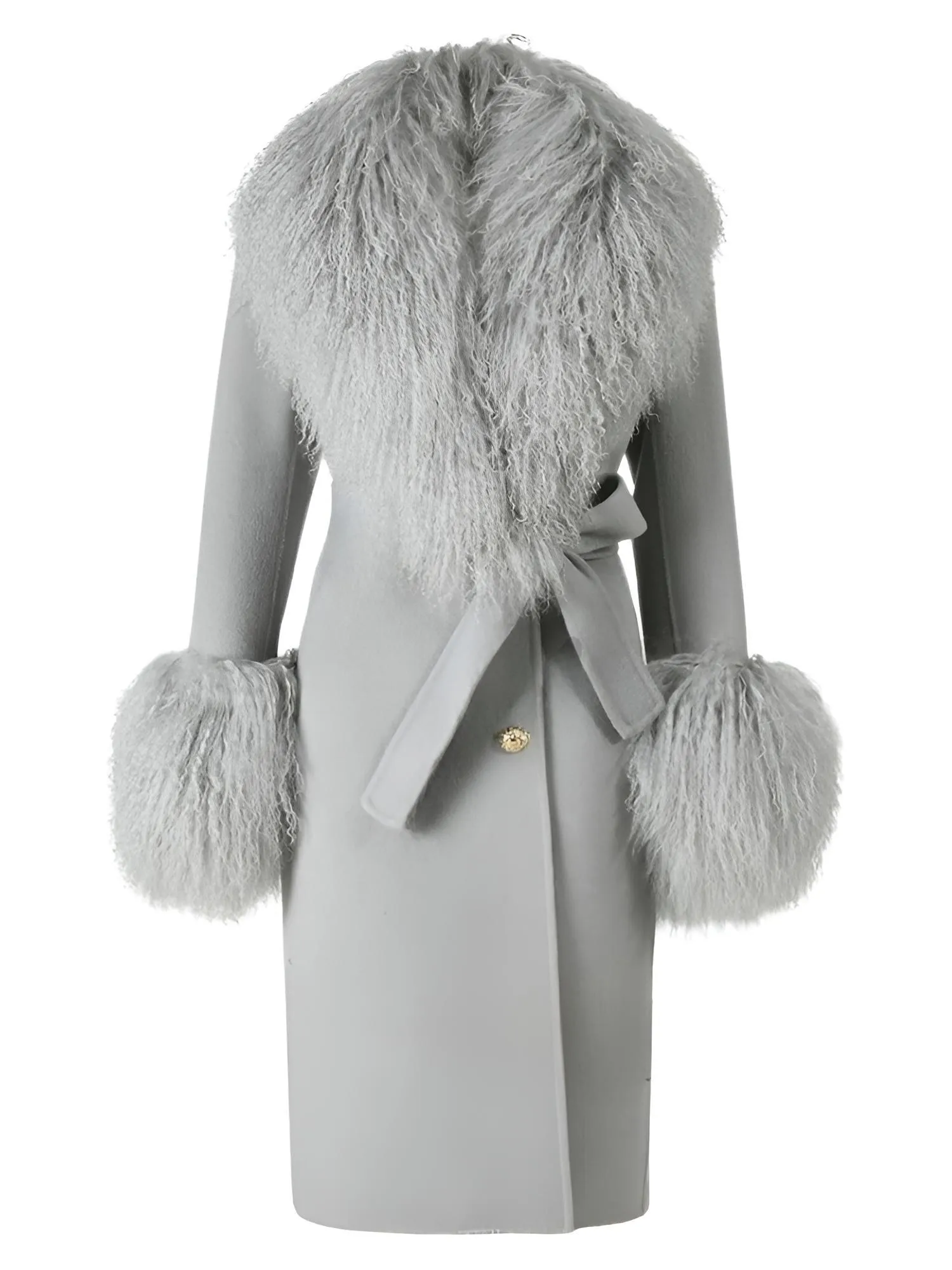 Women's Wool Cashmere Coat With Real Mongolian Sheep Fur Collar and Cuffs Ladies Double Faced Coats Belted Winter Fall Long Coat