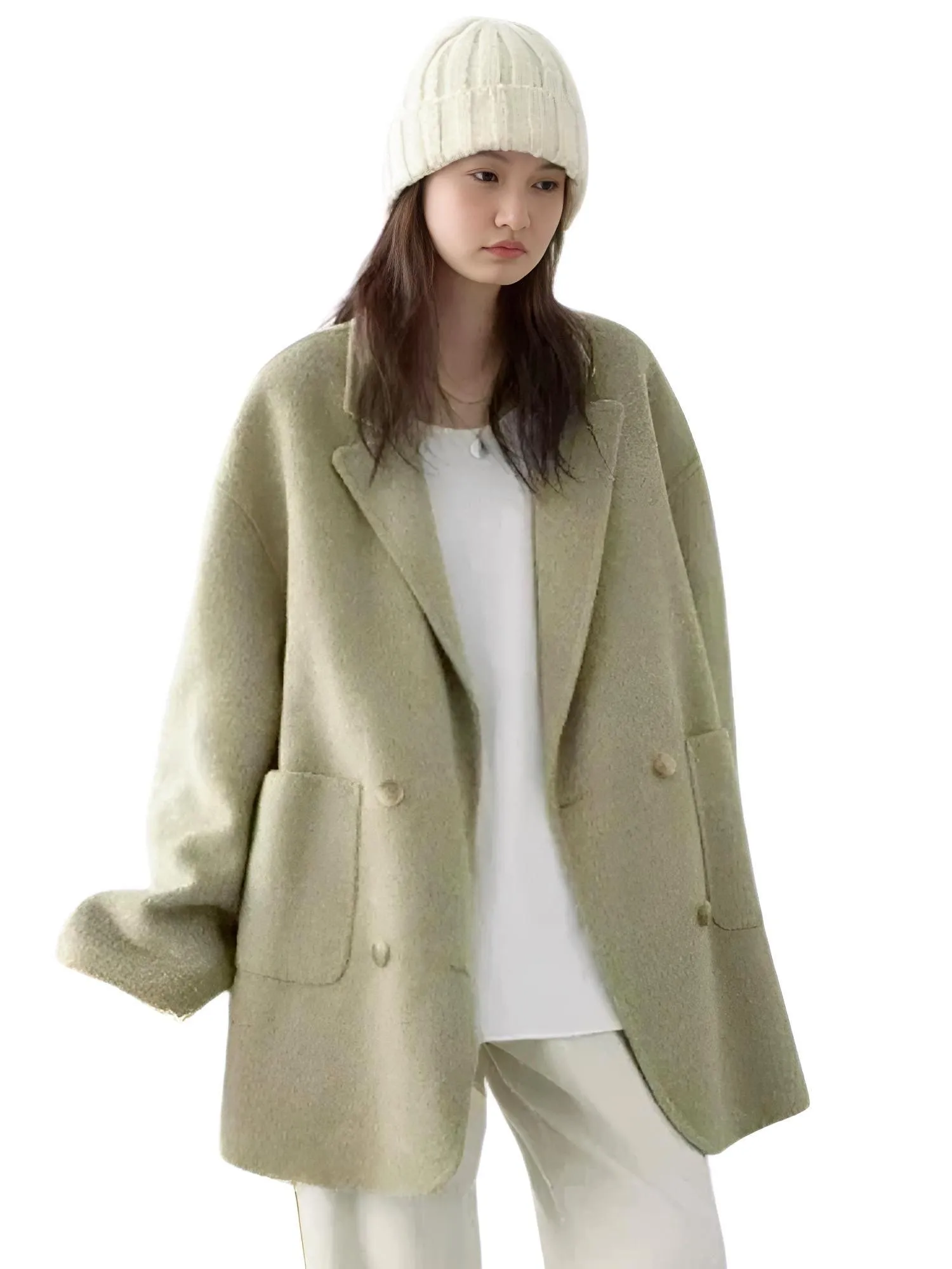 Women's Woolen Coats Loose Casual Double Breasted Retro Jacket Office Lady Outerwear