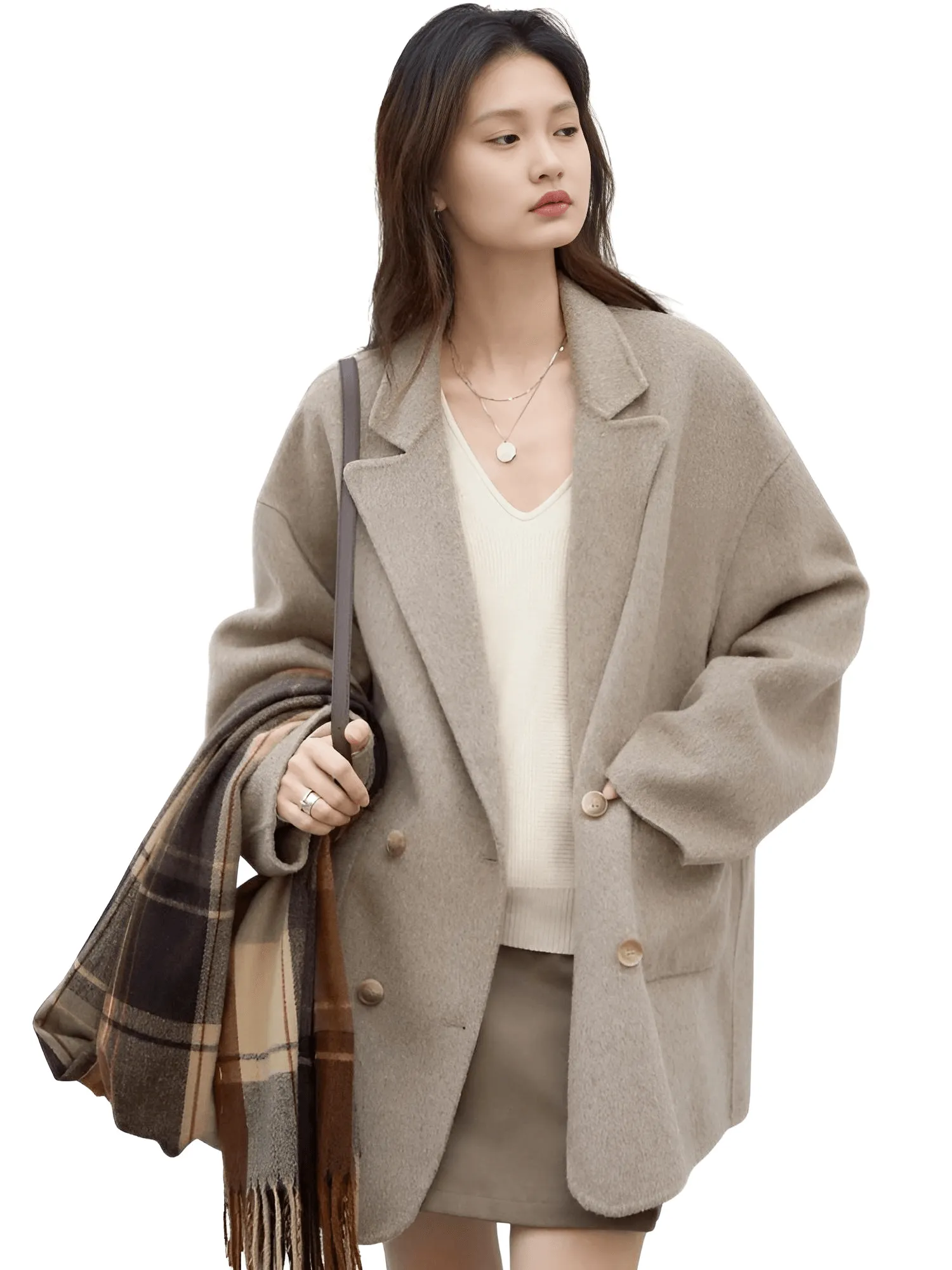 Women's Woolen Coats Loose Casual Double Breasted Retro Jacket Office Lady Outerwear