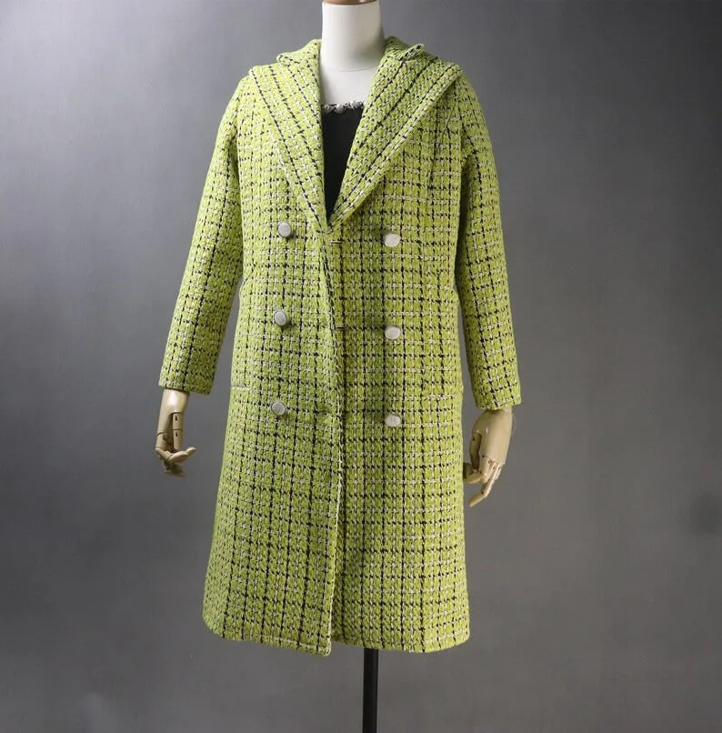 Women's Yellow Winter Tailor MADE Checked Long Warm Coat