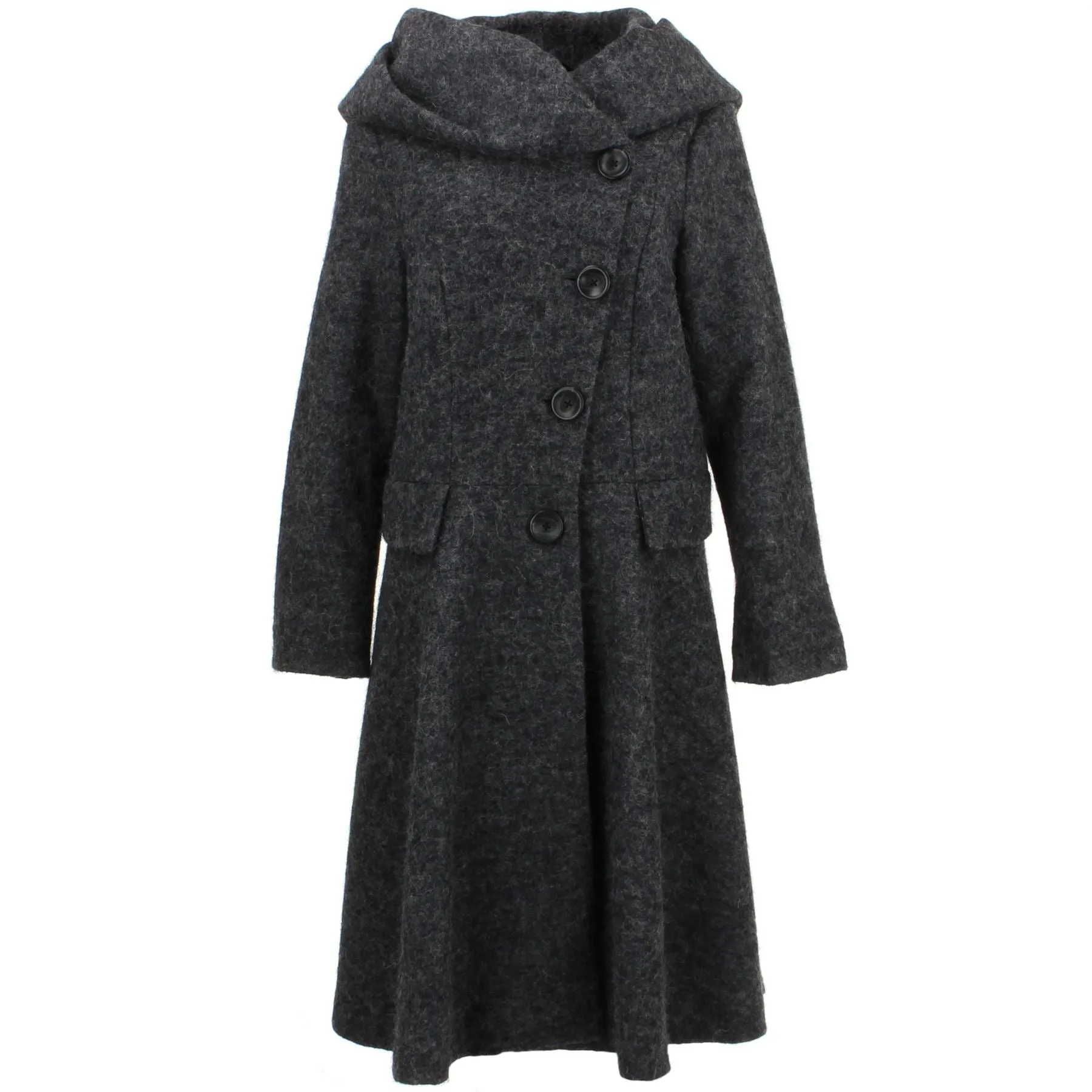 Wool Blend Woven Coat with an Oversized Collar Hood - Charcoal Grey